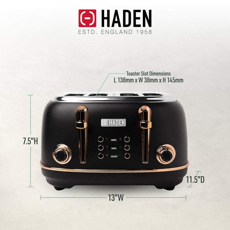 Haden Heritage 4 Slice Wide Slot Stainless Steel Toaster, Black & Copper