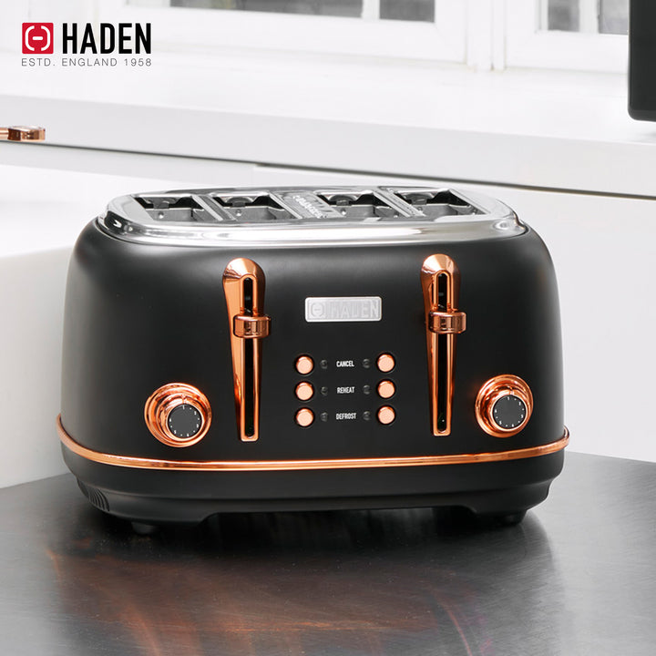 Haden Heritage 4 Slice Wide Slot Stainless Steel Toaster, Black & Copper