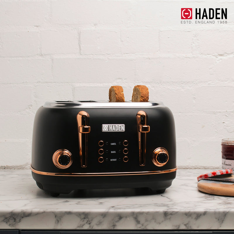 Haden Heritage 4 Slice Wide Slot Stainless Steel Toaster, Black & Copper