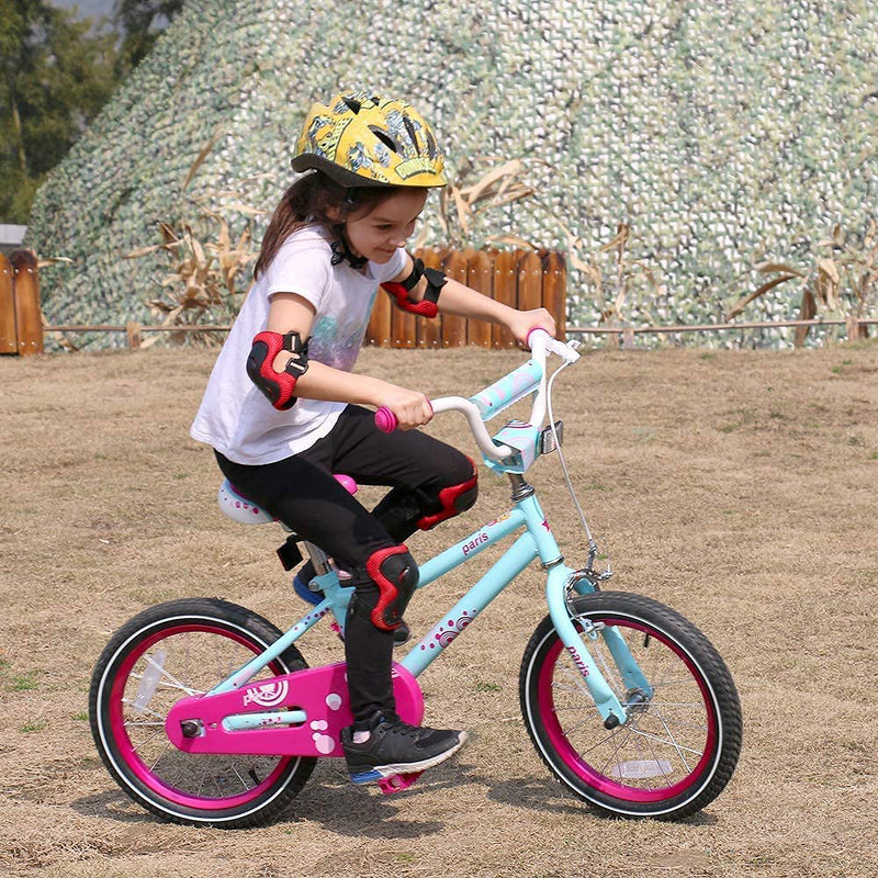 JOYSTAR Paris Kids Bike for Girls Ages 4-7 w/ Training Wheels, 16", Blue/Fuschia