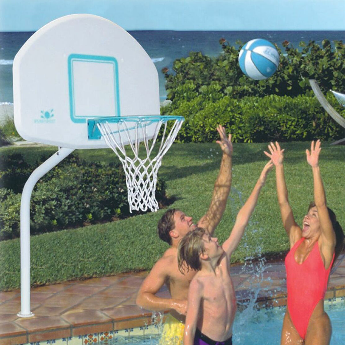 Dunn-Rite Deck Pool Basketball Hoop + ProVolly Pool Regulation Volleyball Set