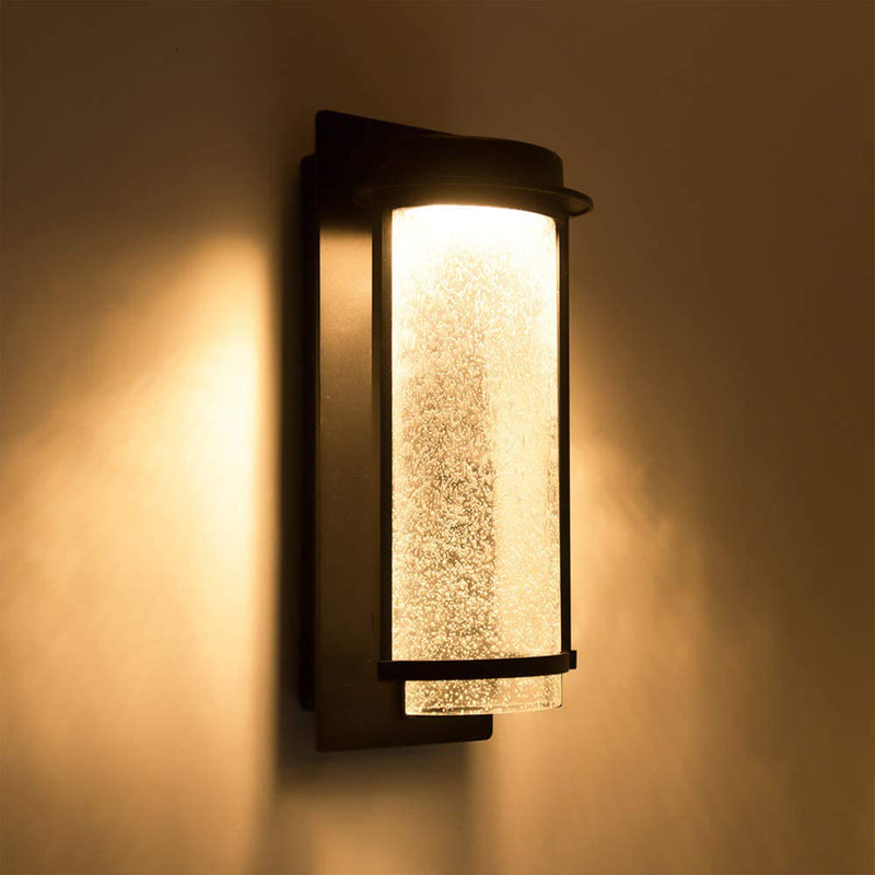 Lutec Aquarius LED 600 Lumen Modern Porch Wall Light Lamp w/ Seeded Glass, Black