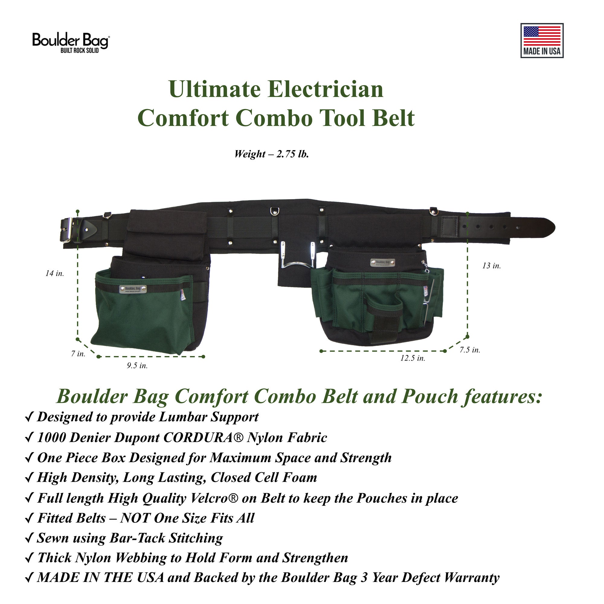 Boulder Bag Ultimate Comfort Combo 104 Electrician Tool Belt, 31-35", Green