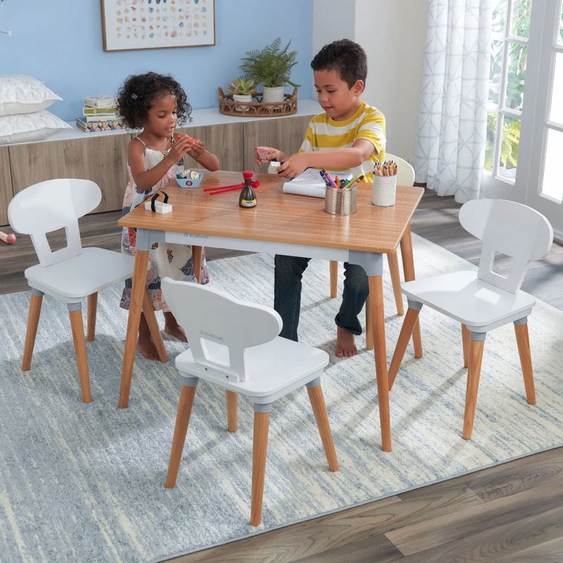 KidKraft 26196 Mid Century Kid Toddler Table and 4 Chair Set, Natural/White