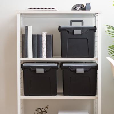IRIS USA Letter Size Portable File Box with Organizer Lid, Black, Pack of 3