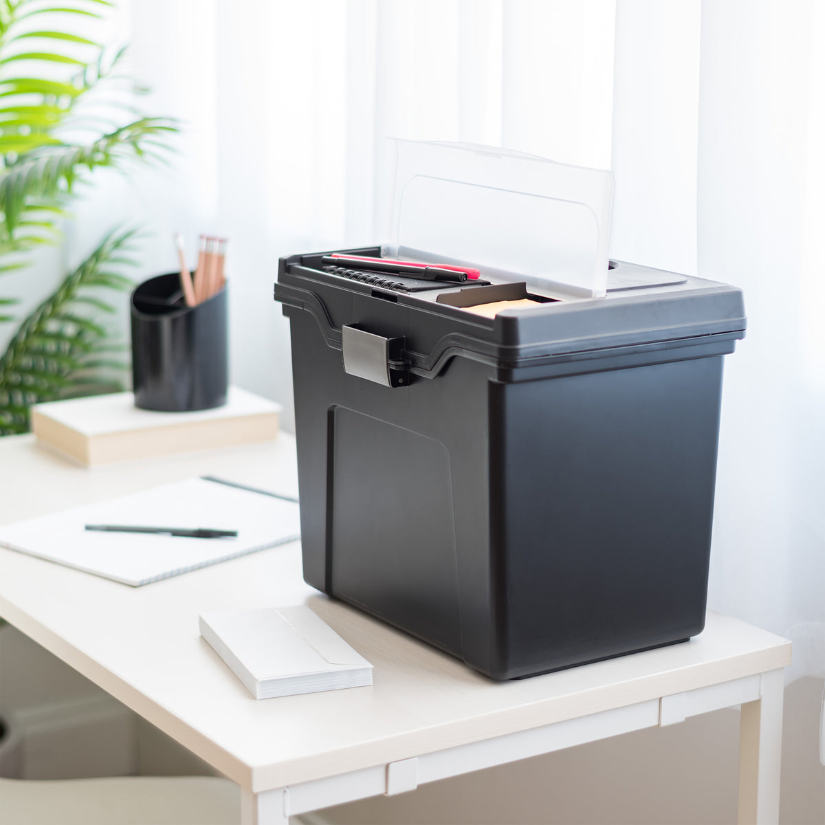 IRIS USA Letter Size Portable File Box with Organizer Lid, Black, Pack of 3