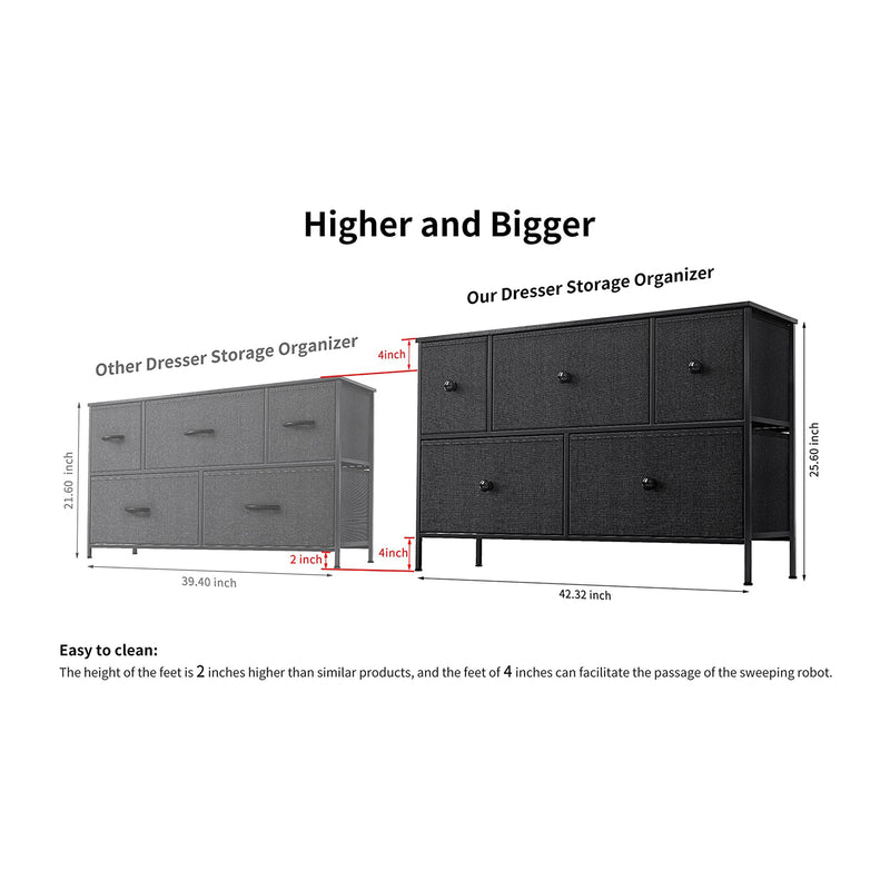 REAHOME 5 Drawer Steel Frame Bedroom Storage Organizer Chest Dresser, Black Grey