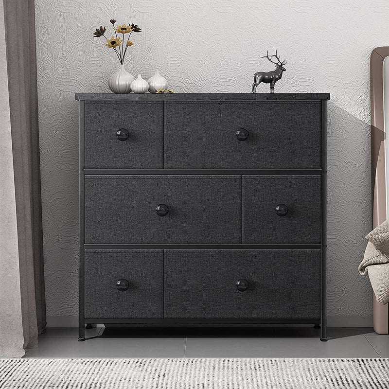 REAHOME 6 Drawer Steel Frame Bedroom Storage Organizer Chest Dresser, Black Grey