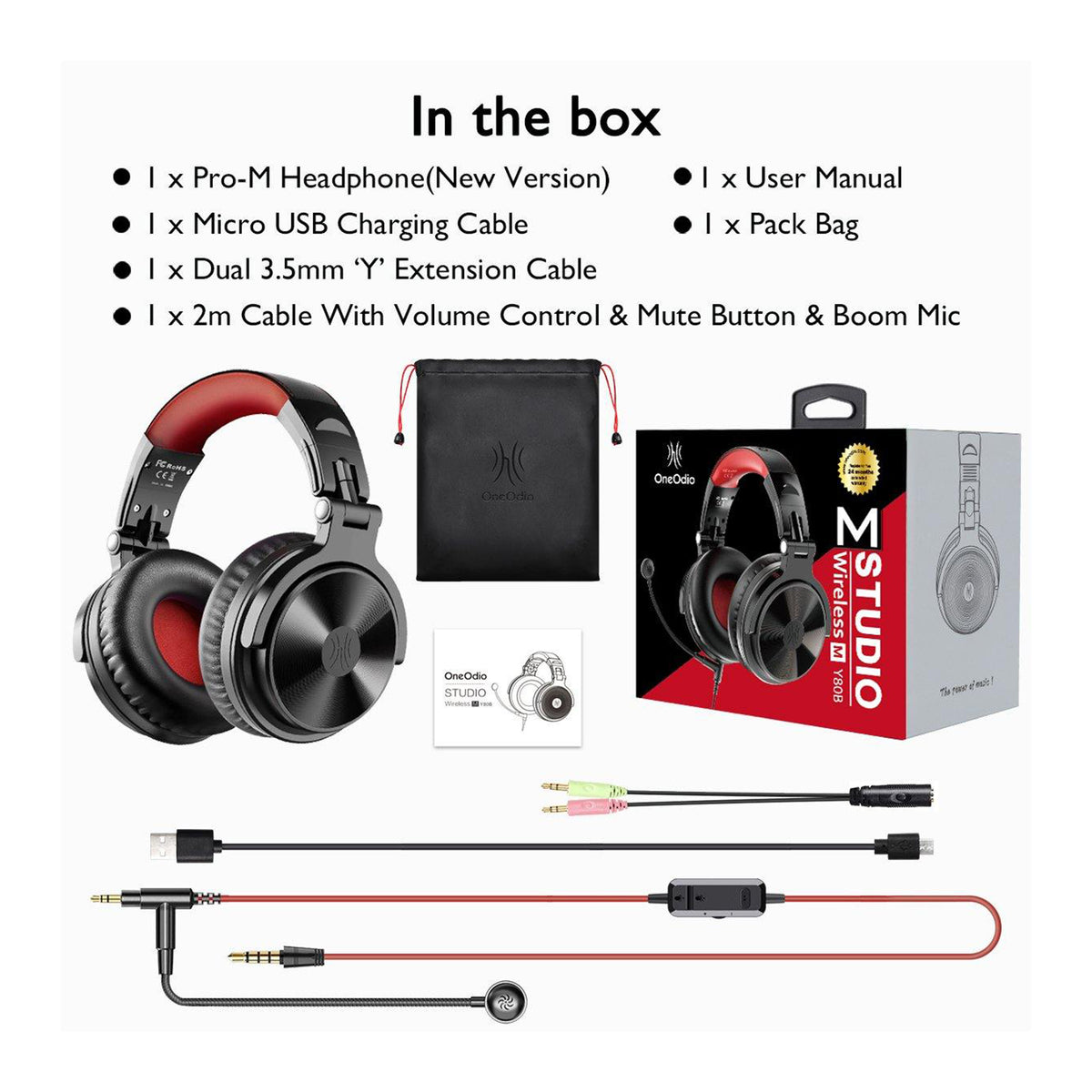 OneOdio Pro M Wired I Wireless Headset, Red and T8 USB Wired Headphones, Red