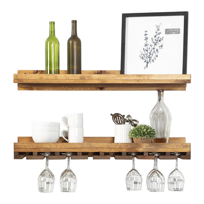 del Hutson Designs Handmade Floating Rustic Wine Shelf and Glass Rack, Walnut