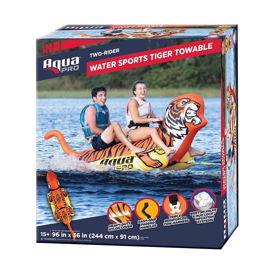 AquaPro 96 Inch Heavy Duty Nylon Tiger Water Towable 2 Person Rider, Orange