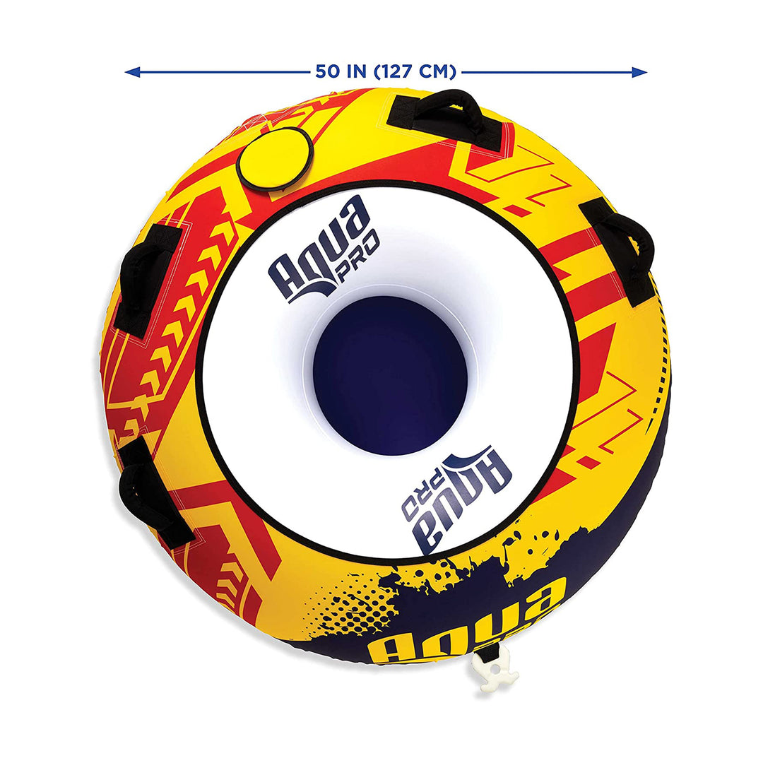 AquaPro 50 In Nylon Deck Style Towable 1 Person Rider, Yellow/Red w/ Hand Pump - VMInnovations