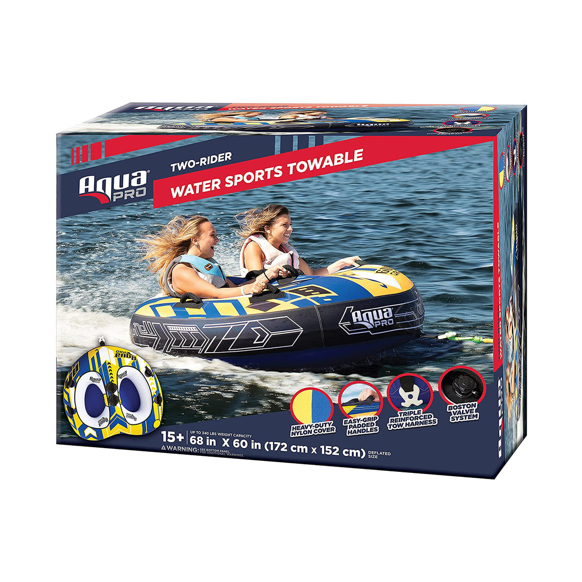 AquaPro 50in 1 Rider Towable, Yellow, Red, w/ 65in 2 Rider Towable, Yellow, Blue