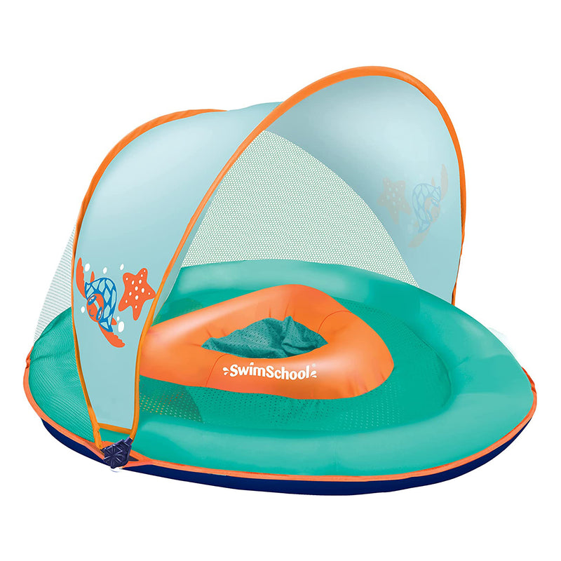 SwimSchool Baby Boat Safety Seat Shade Canopy Float in Orange with Hand Pump