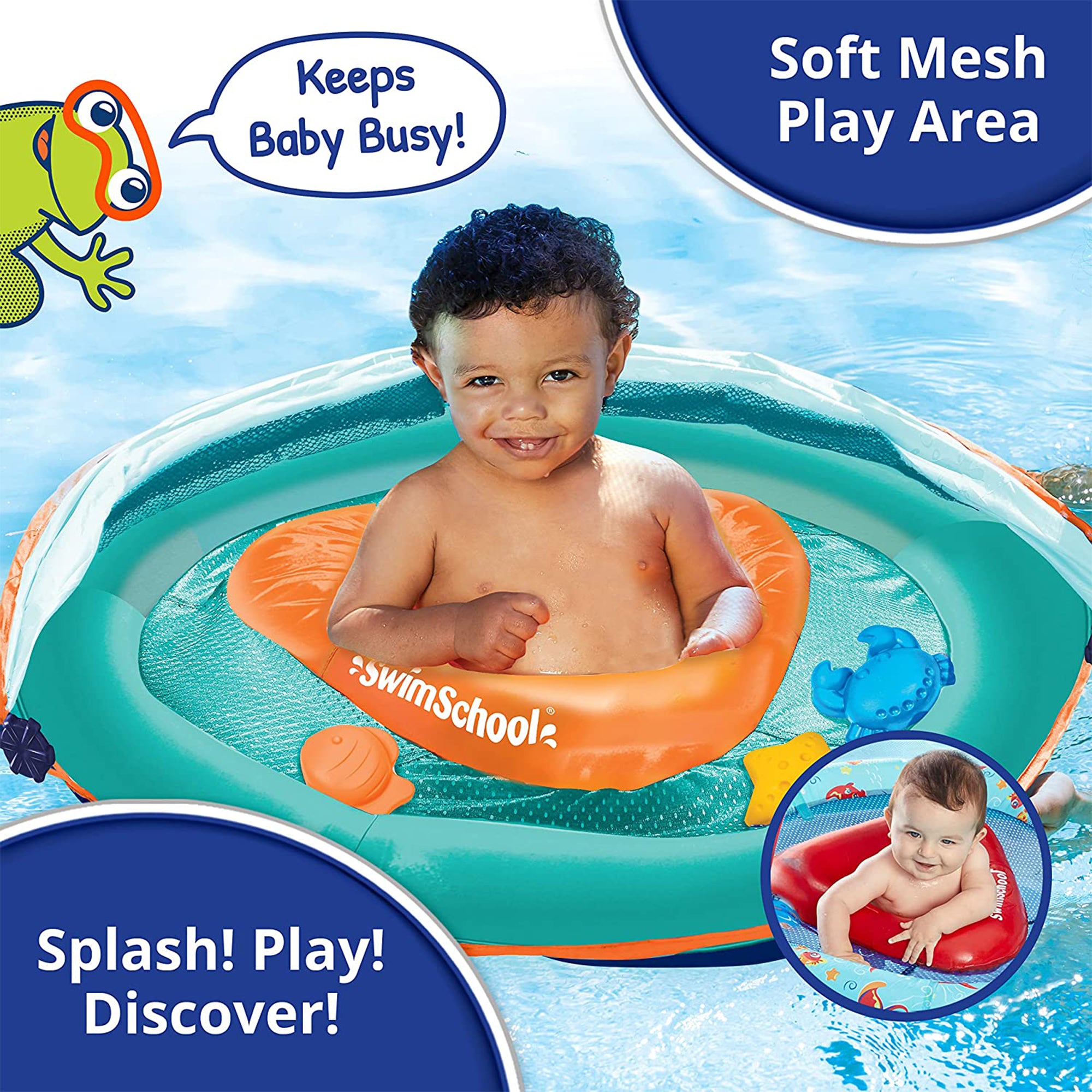 SwimSchool Baby Boat Safety Seat Shade Canopy Float in Orange with Hand Pump - VMInnovations