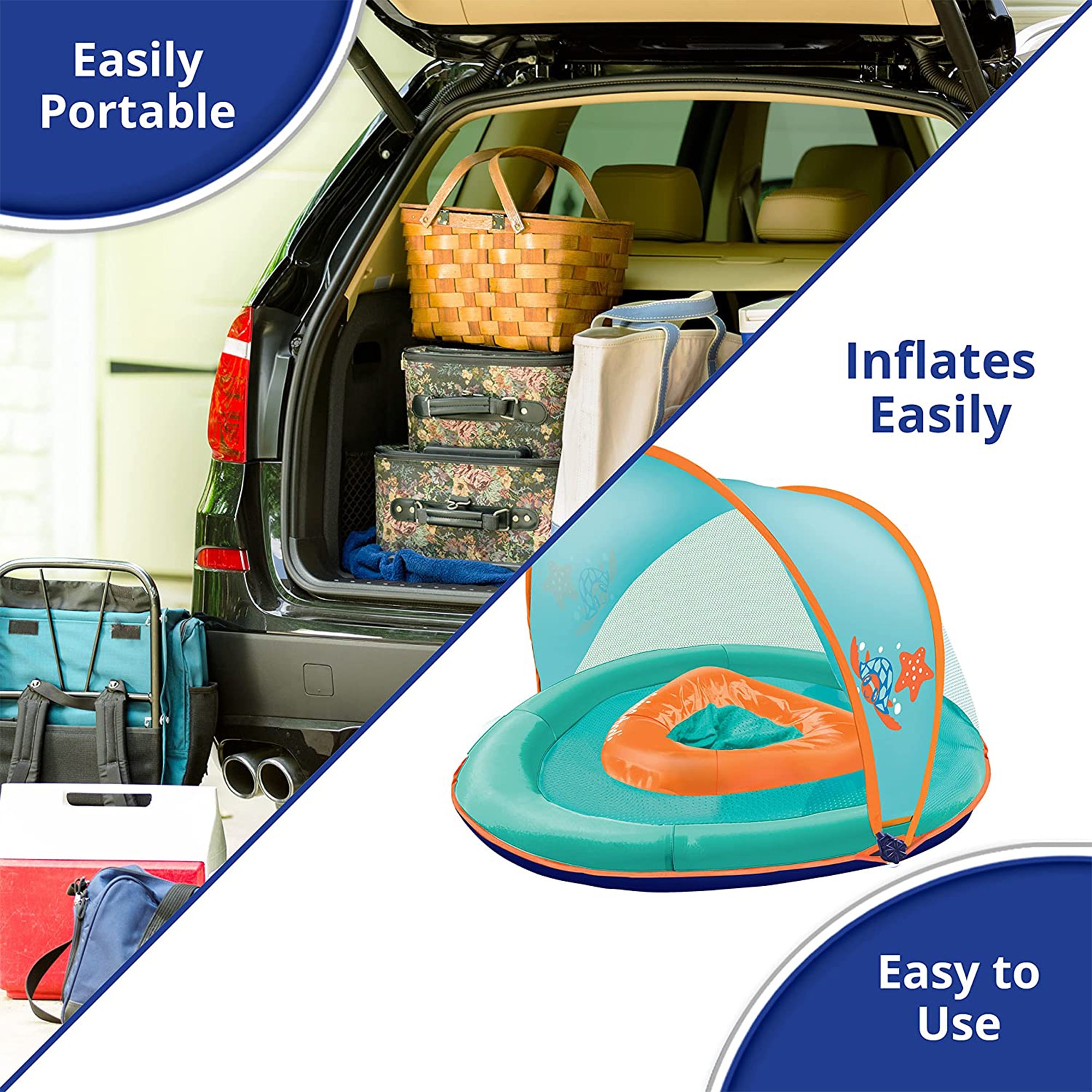 SwimSchool Baby Boat Float w/ Safety Seat & Sun Shade Canopy, Orange, 2 Pack - VMInnovations