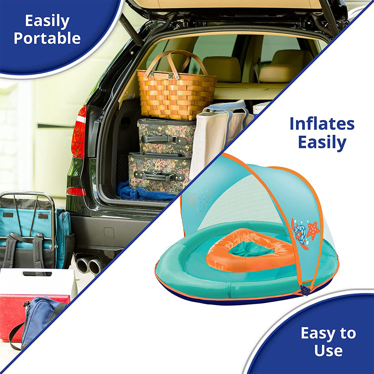 SwimSchool Deluxe Float Trainer, Blue and Baby Float w/ Adjustable Seat, Orange