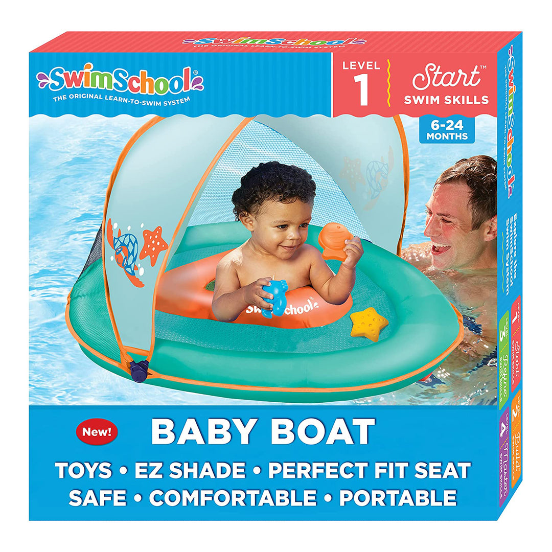 SwimSchool Baby Boat Float w/ Safety Seat & Sun Shade Canopy, Orange, 2 Pack - VMInnovations