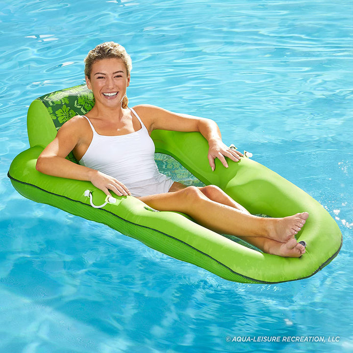 Aqua Leisure Luxury Water Recliner Pool Floats w/ Headrest, Lime Floral (2 Pack) - VMInnovations