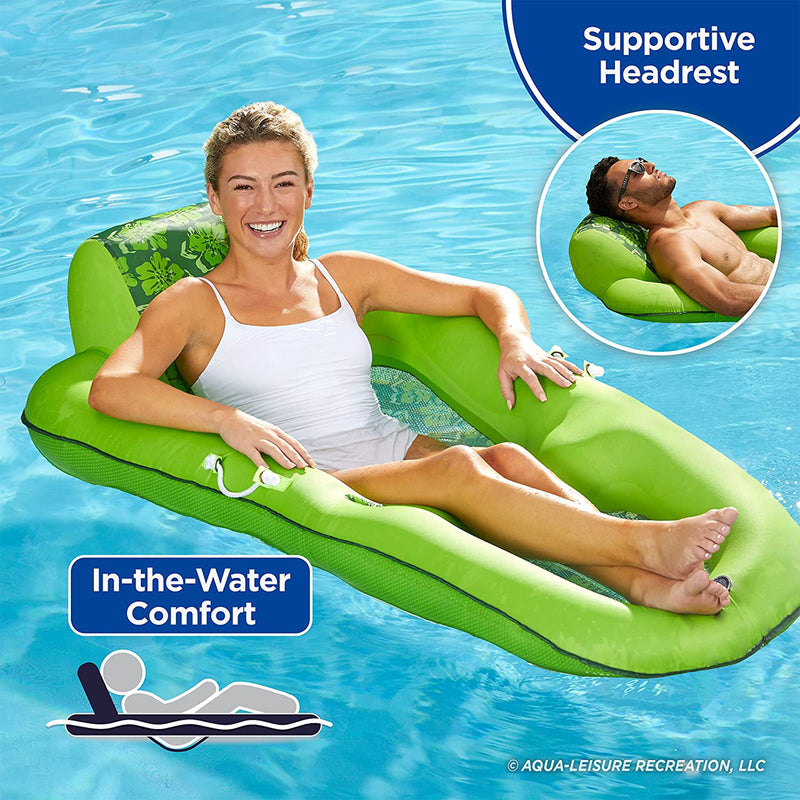 Aqua Leisure Luxury Water Recliner Lounge Pool Float Chair, 2 Pack, Blue & Green
