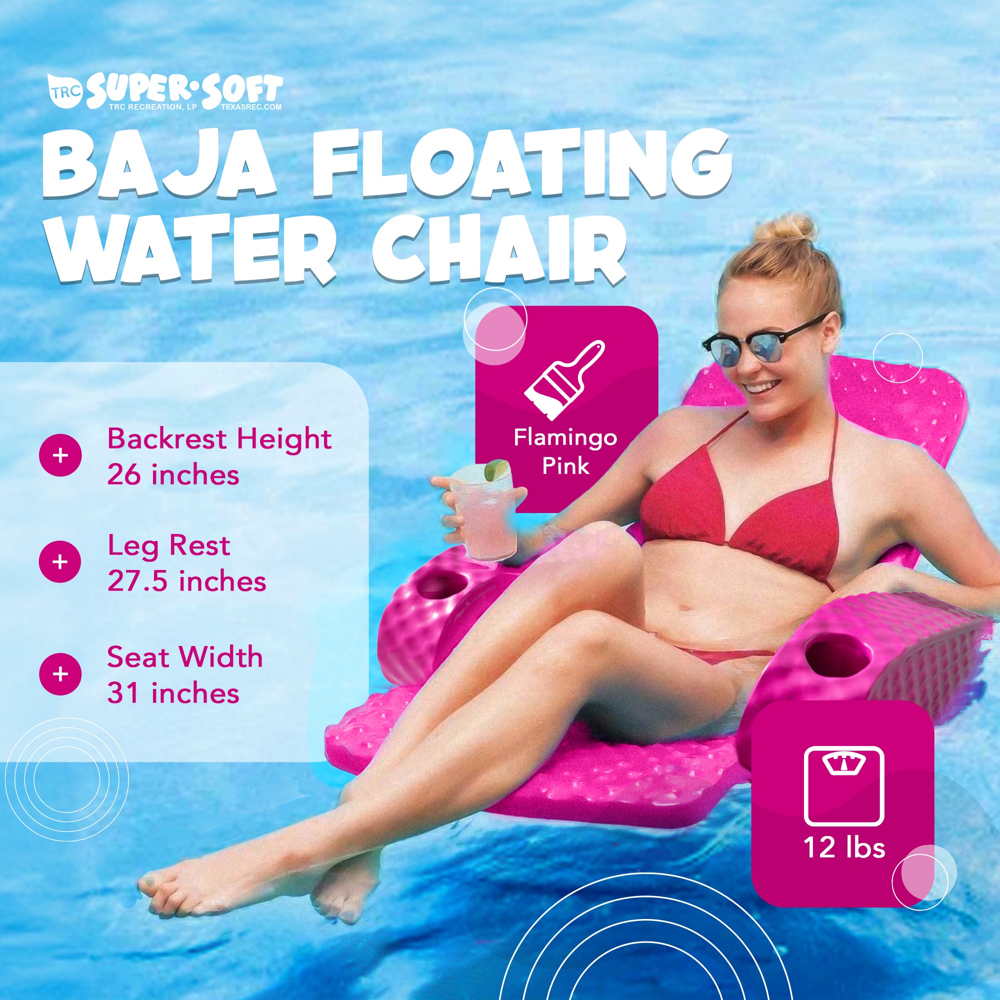 TRC Recreation Folding Baja Chair Swimming Pool Float, Flamingo Pink (Open Box)