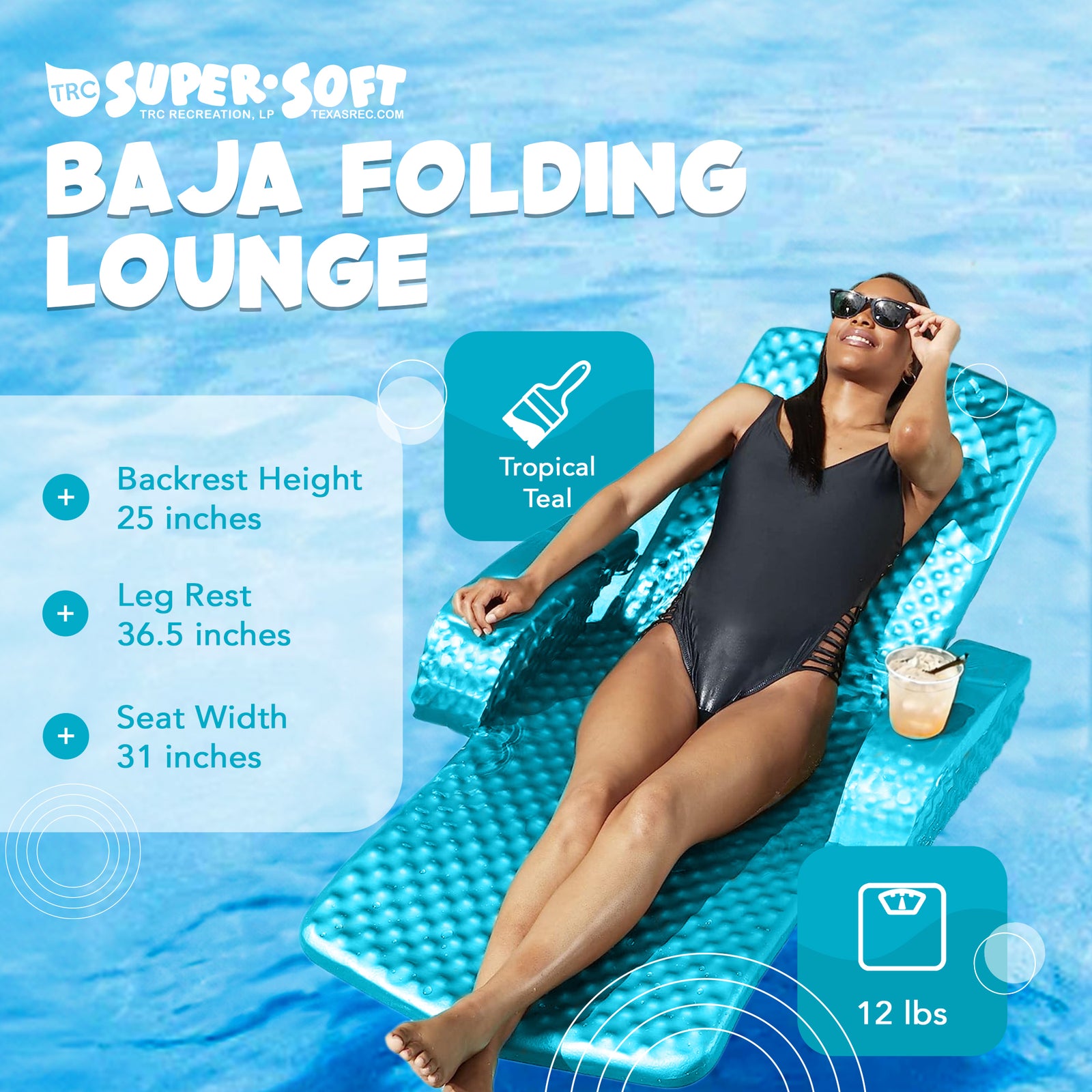 TRC Recreation Folding Baja II Lounger Foam Swimming Pool Float, Tropical Teal - VMInnovations