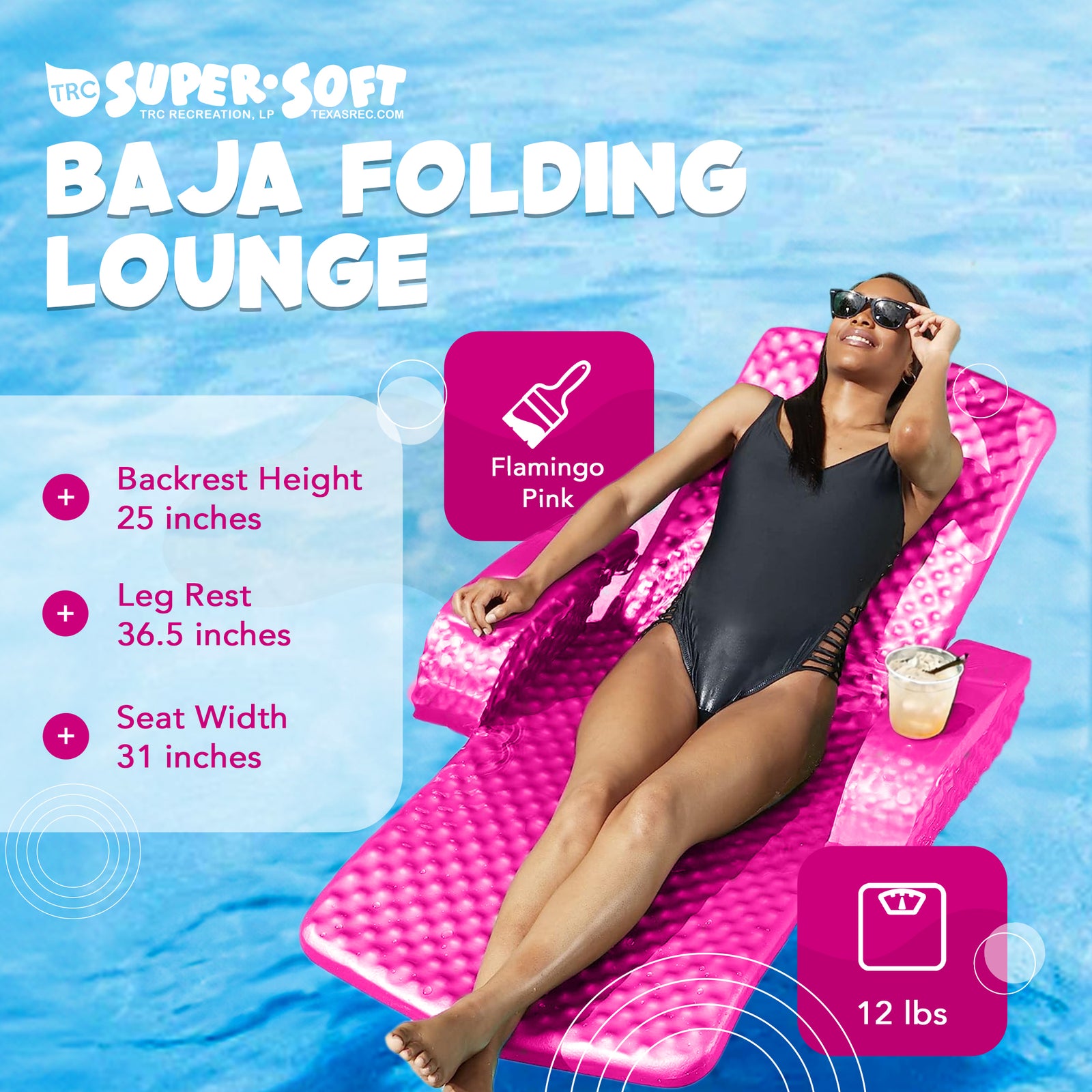 TRC Recreation Folding Baja II Lounge Portable Swimming Pool Float Flamingo Pink - VMInnovations