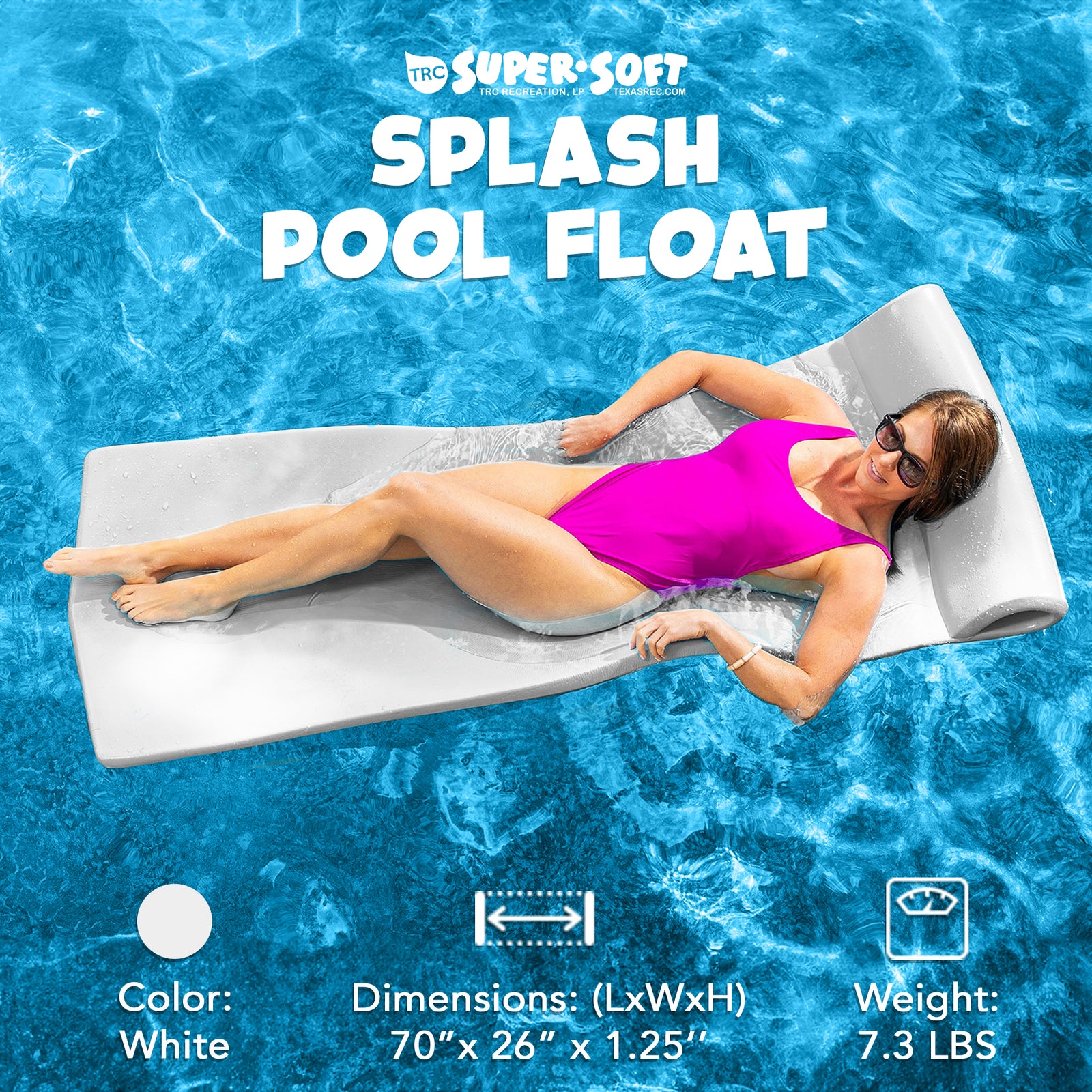 TRC Recreation Splash 1.25" Thick Foam Swimming Pool Float Lounger Mat, White - VMInnovations