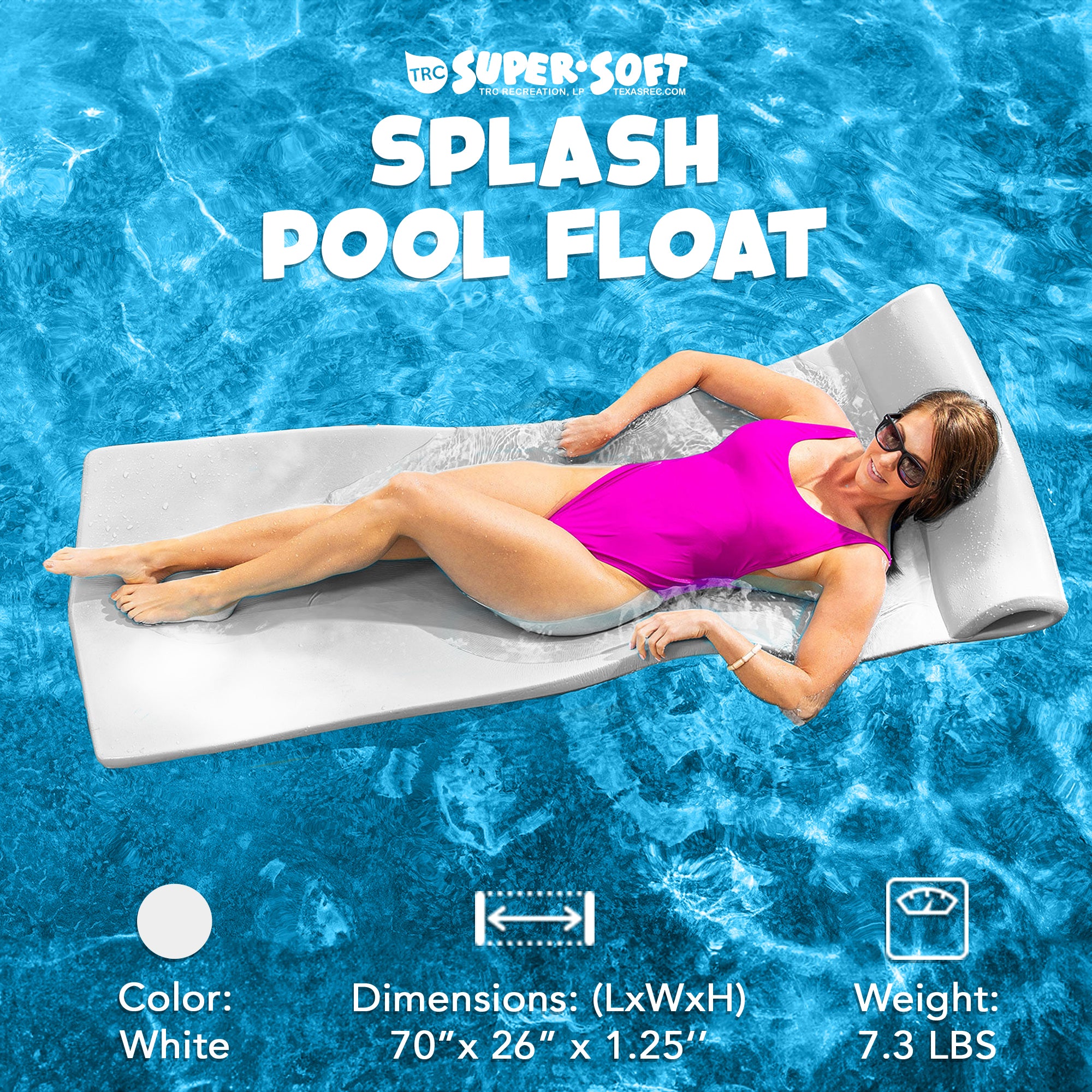 TRC Recreation Splash 1.25" Thick Foam Swimming Pool Float Lounger Mat, White - VMInnovations