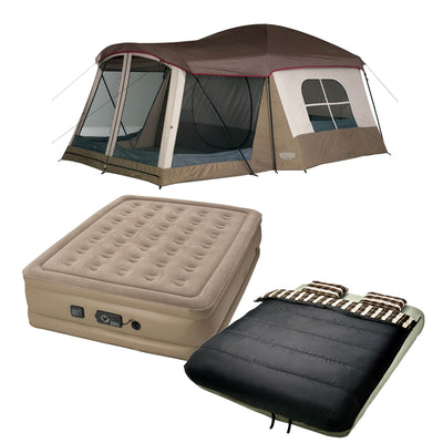 Insta-Bed Klondike 8 Person Camping Tent with Queen Air Mattress and Bedding Set