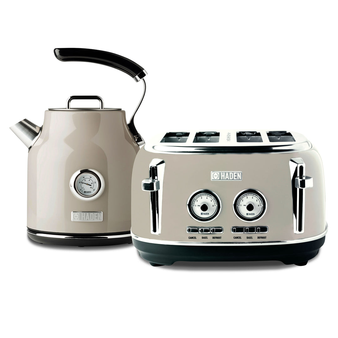 Haden Dorset 4 Slice Wide Slot Toaster & Electric Water Kettle, Putty & Chrome