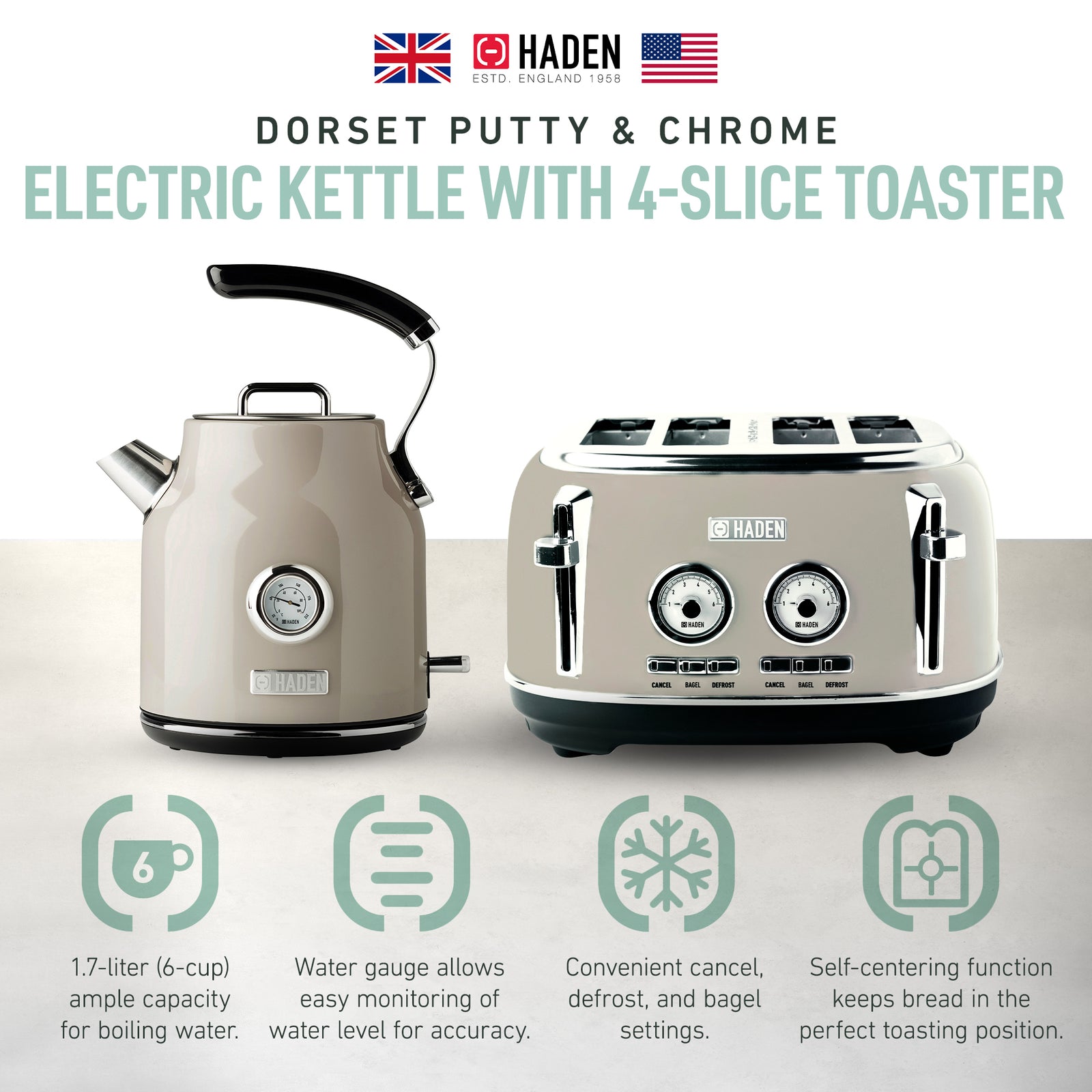 Haden Dorset 4 Slice Wide Slot Toaster & Electric Water Kettle, Putty & Chrome - VMInnovations
