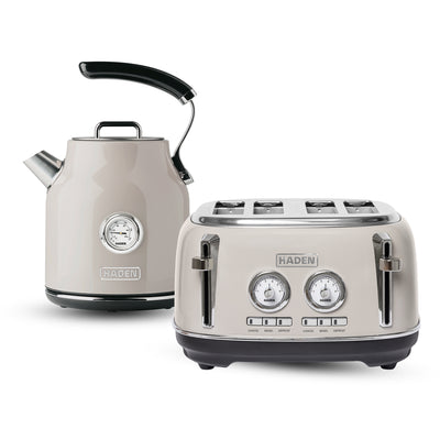 Haden Dorset 4 Slice Wide Slot Toaster & Electric Water Kettle, Putty & Chrome - VMInnovations