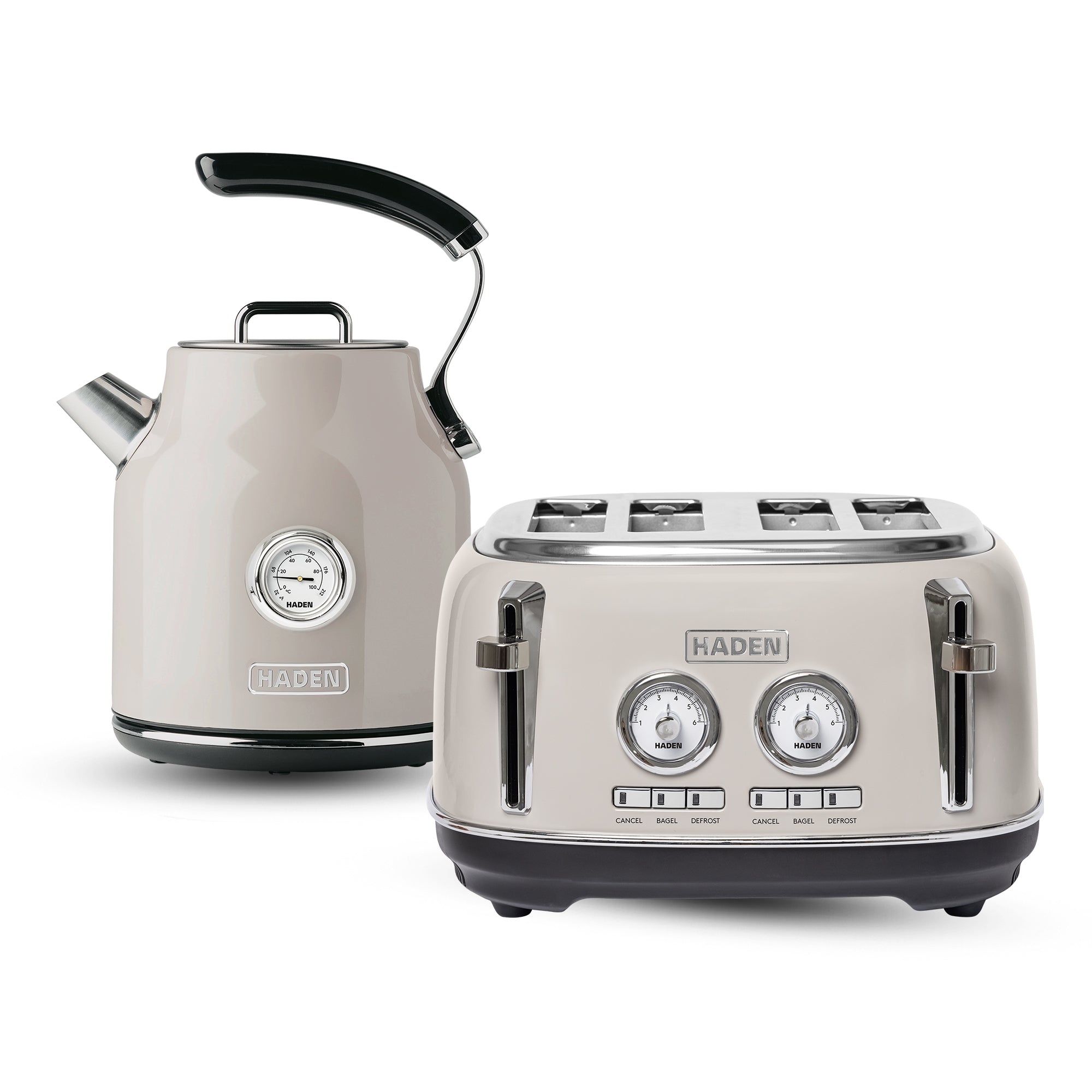 Haden Dorset 4 Slice Wide Slot Toaster & Electric Water Kettle, Putty & Chrome - VMInnovations