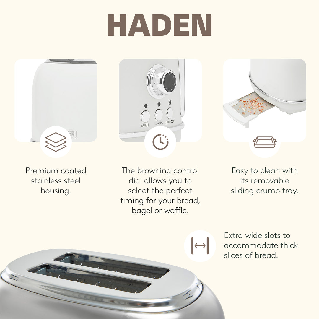 Haden Heritage 1.7 L Stainless Steel Electric Kettle with 2 Slice Toaster, White