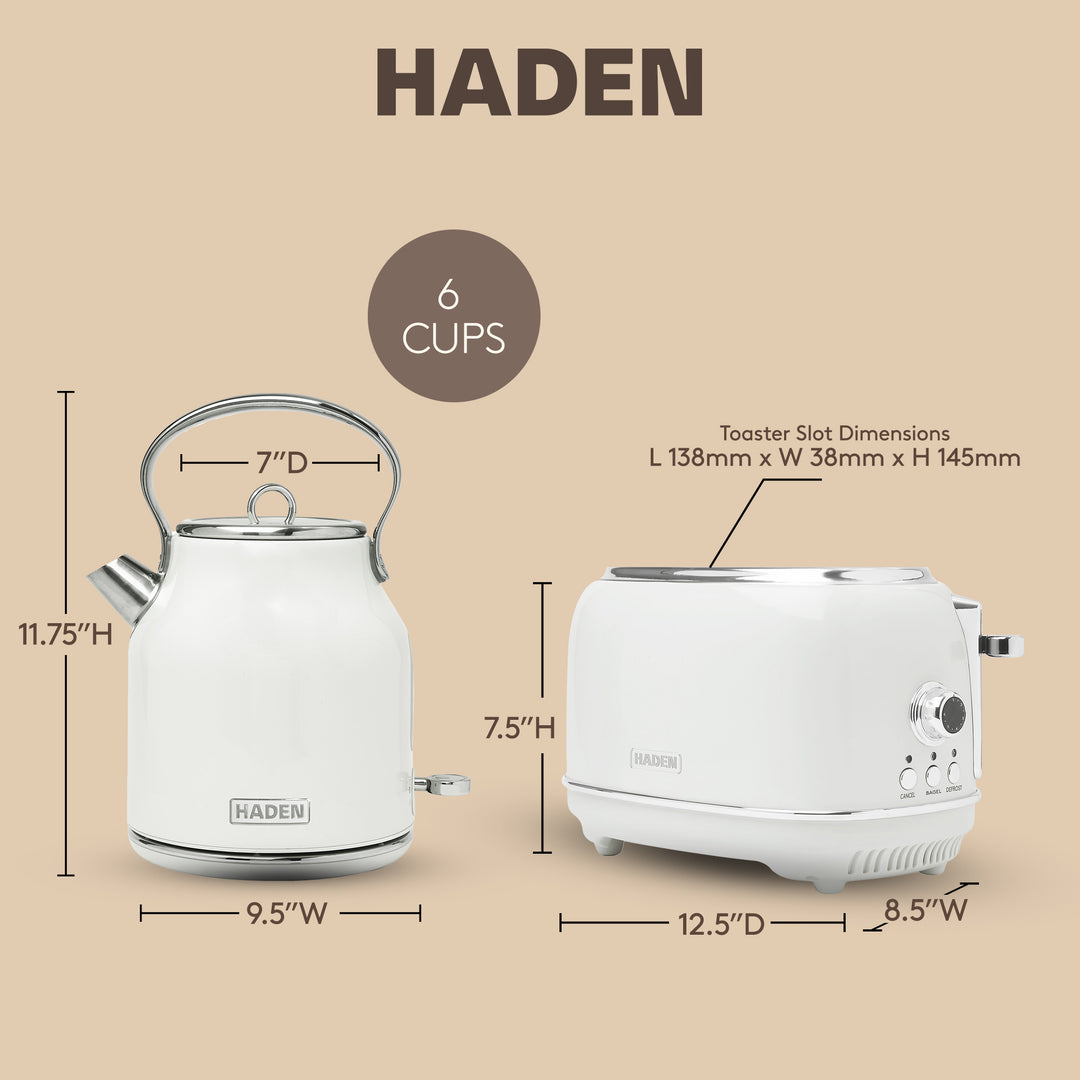 Haden Heritage 1.7 L Stainless Steel Electric Kettle with 2 Slice Toaster, White