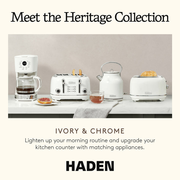 Haden Heritage 1.7 L Stainless Steel Electric Kettle with 2 Slice Toaster, White