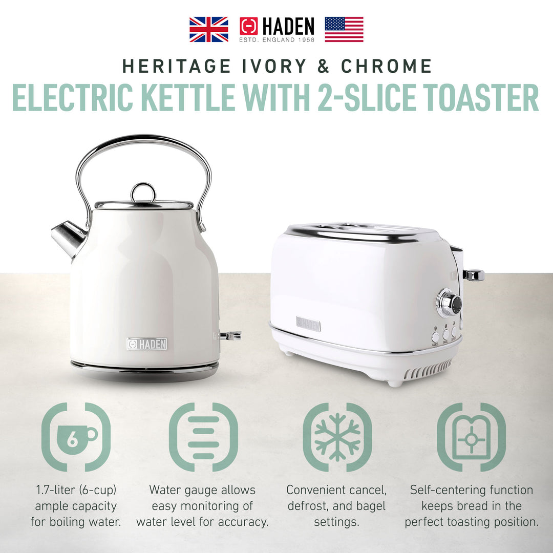 Haden Heritage 1.7 L Stainless Steel Electric Kettle with 2 Slice Toaster, White