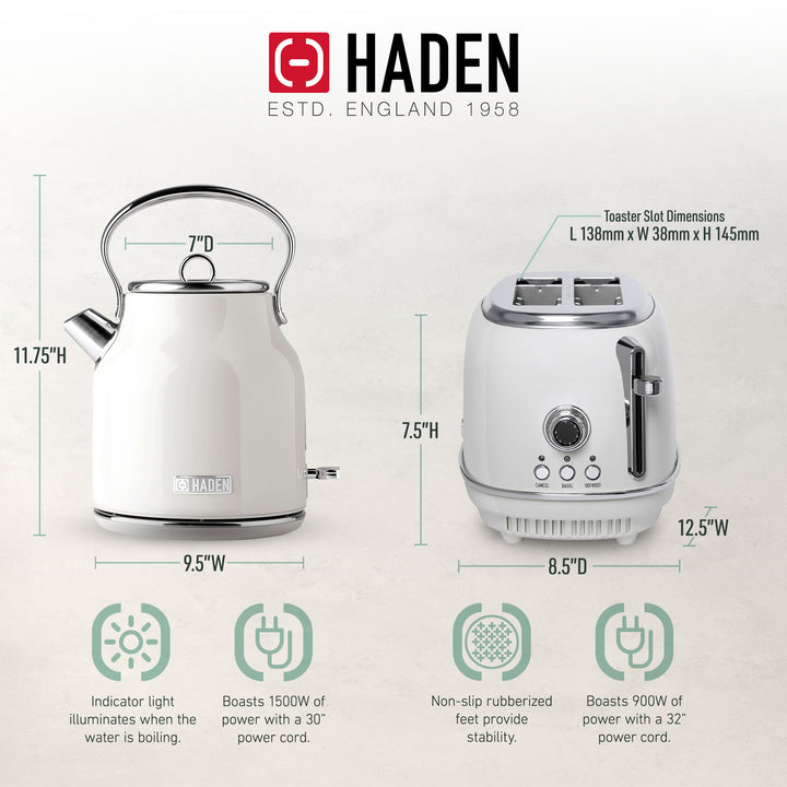 Haden Heritage 1.7 L Stainless Steel Electric Kettle with 2 Slice Toaster, White