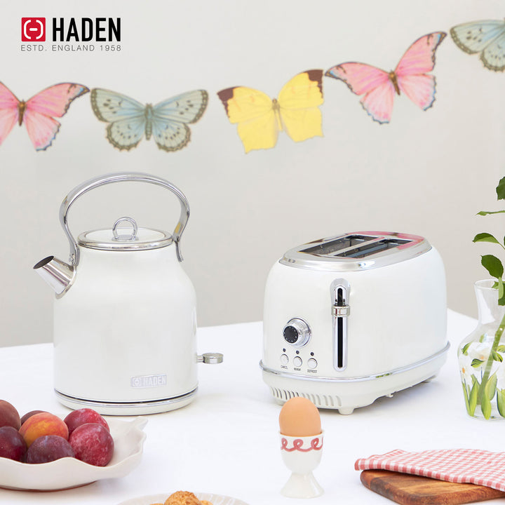 Haden Heritage 1.7 L Stainless Steel Electric Kettle with 2 Slice Toaster, White