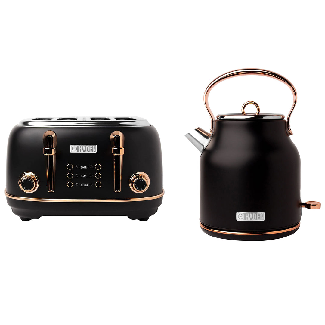 Haden Heritage 4 Slice Wide Slot Toaster & Electric Kettle, Black & Copper