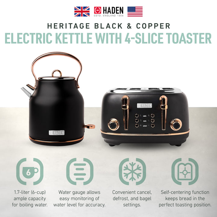 Haden Heritage 4 Slice Wide Slot Toaster & Electric Kettle, Black & Copper