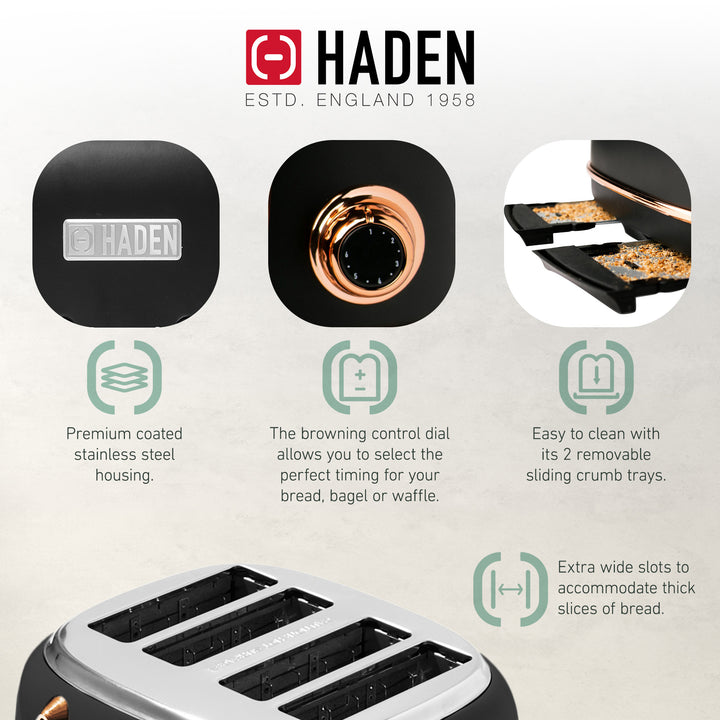 Haden Heritage 4 Slice Wide Slot Toaster & Electric Kettle, Black & Copper