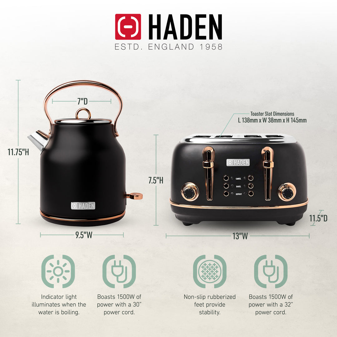 Haden Heritage 4 Slice Wide Slot Toaster & Electric Kettle, Black & Copper