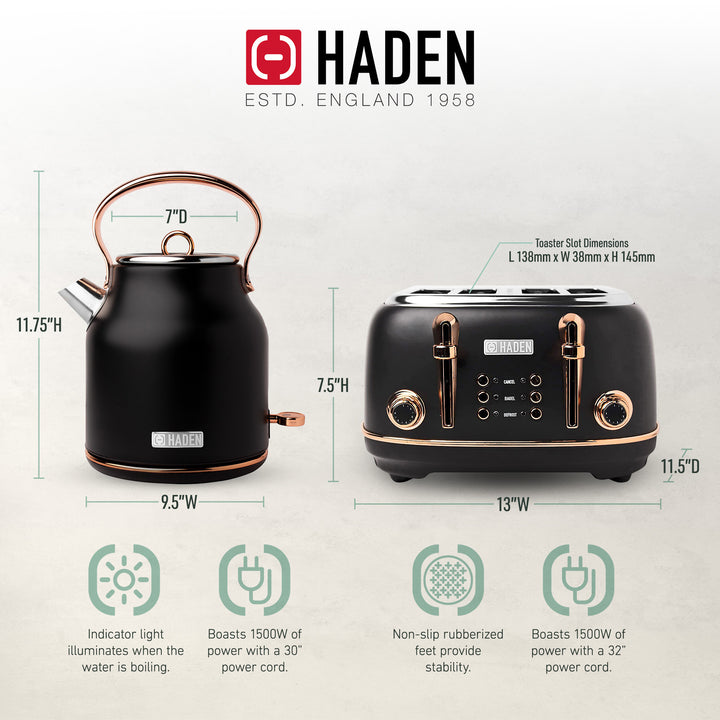 Haden Heritage Stainless Steel Electric Tea Kettle with Toaster, Black/Copper