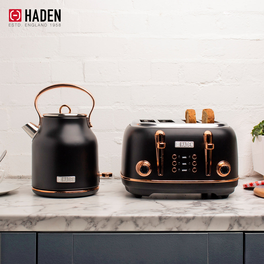 Haden Heritage 4 Slice Wide Slot Toaster & Electric Kettle, Black & Copper