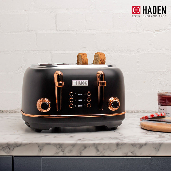 Haden Heritage 4 Slice Wide Slot Toaster & Electric Kettle, Black & Copper