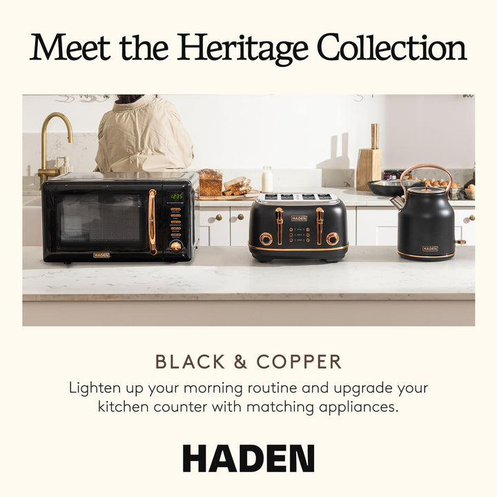 Haden Heritage 4 Slice Wide Slot Toaster & Electric Kettle, Black & Copper