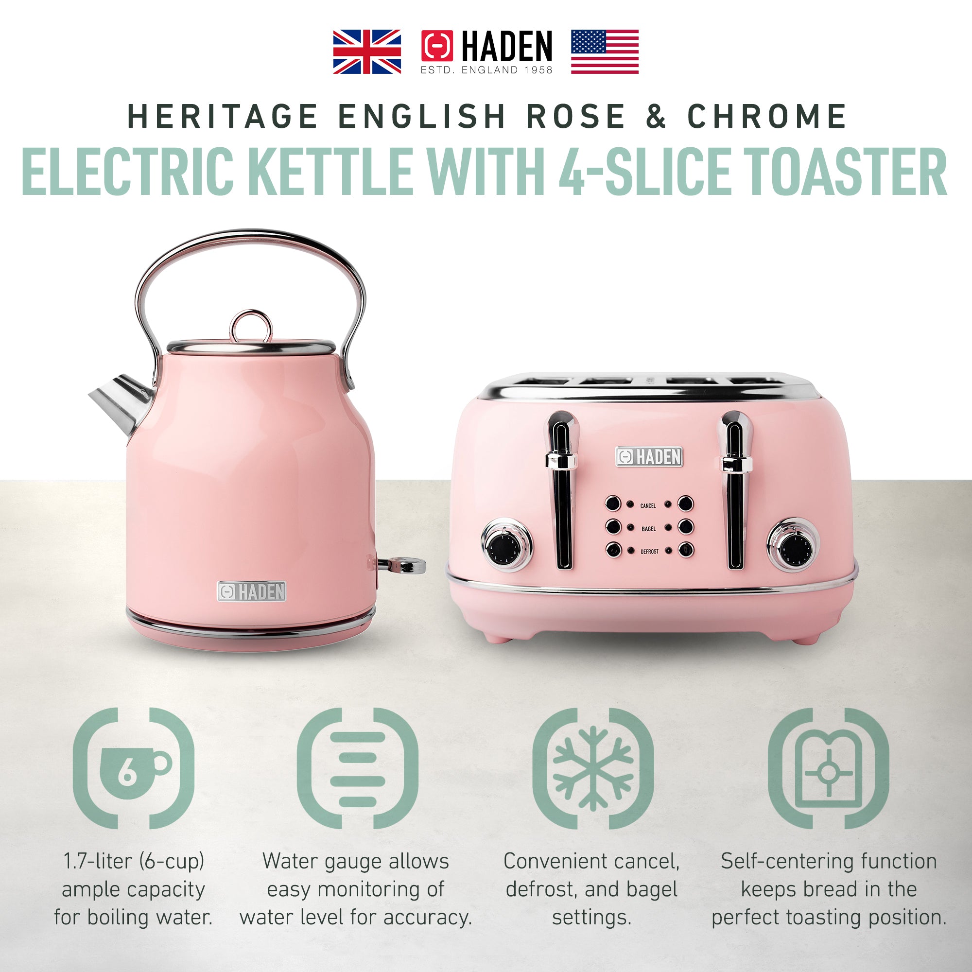 Haden Heritage Electric Water Kettle & 4 Slice Wide Slot Toaster, English Rose - VMInnovations