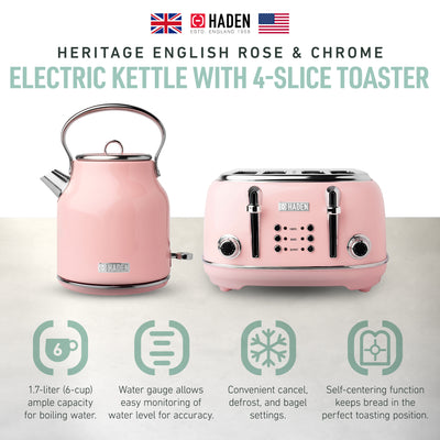 Haden Heritage Electric Water Kettle & 4 Slice Wide Slot Toaster, English Rose - VMInnovations